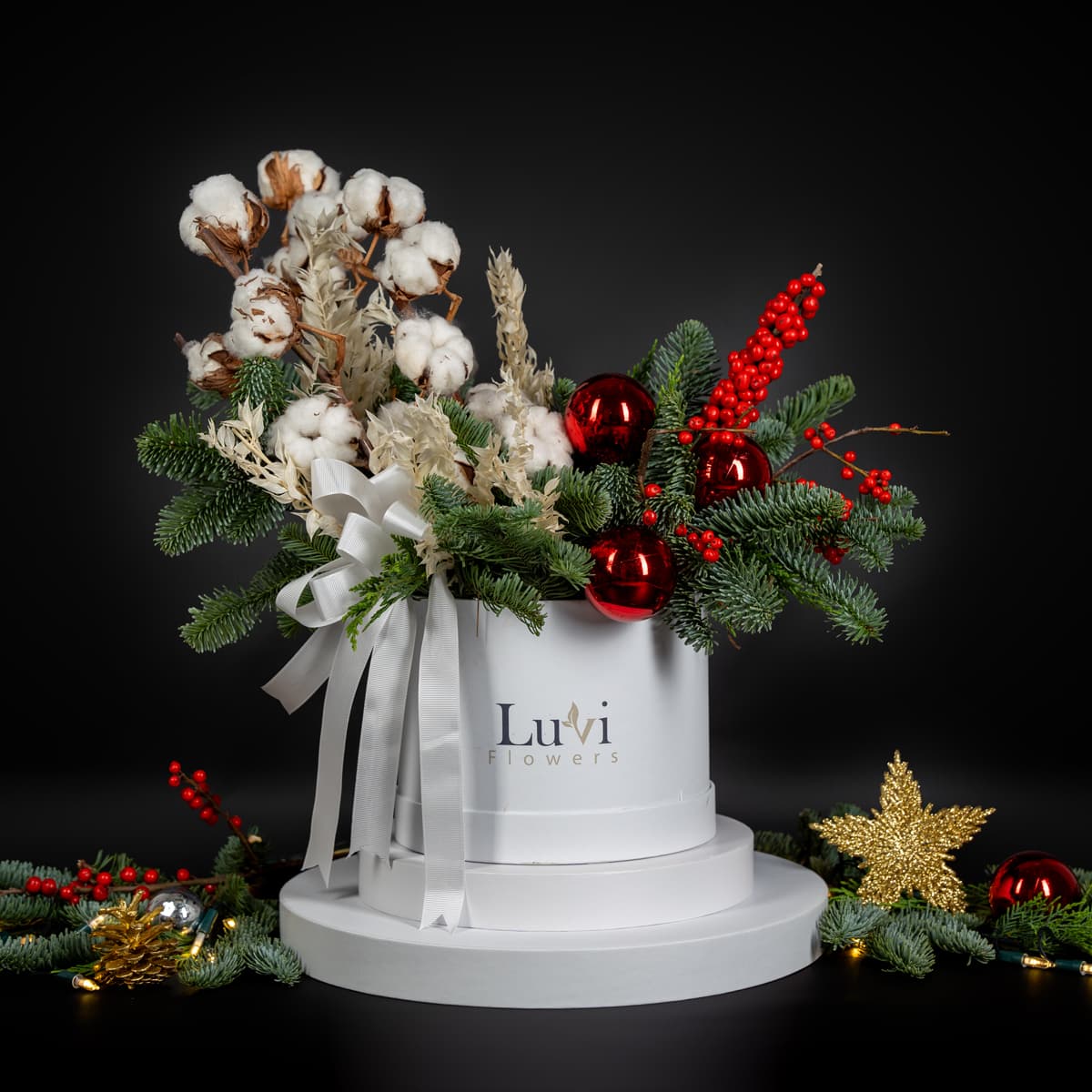 Christmas themed flower arrangement